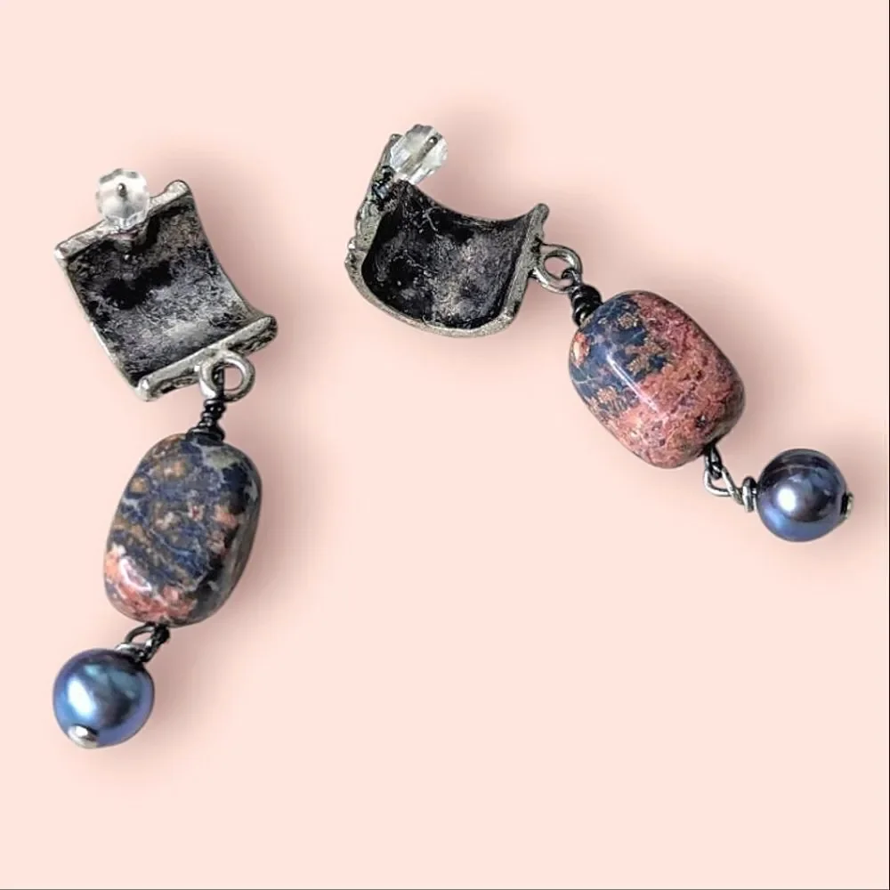 Natural Stone And Tooled Silver Dangle Earrings